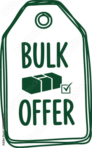 Bulk Offer Tag Icon – Green Hand Drawn Label for Wholesale Discount Promotions and Retail Sales
