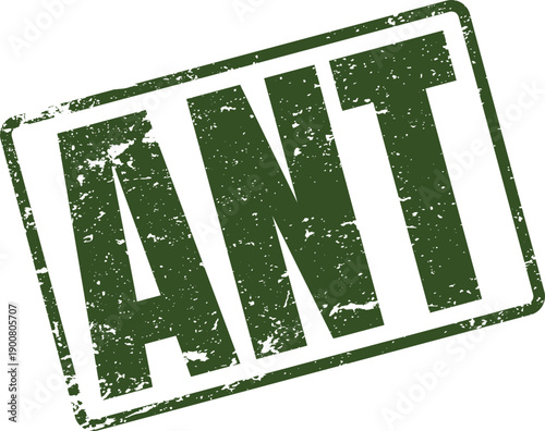 Rustic green distressed rubber stamp bearing the three letter word ANT in bold uppercase font