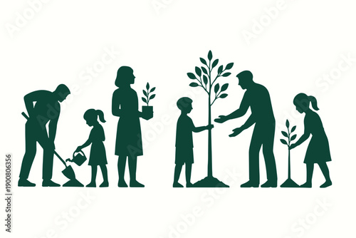 A group of people across ages works together to plant trees, showcasing teamwork, care for nature, and community spirit as they contribute to a greener environment and future.