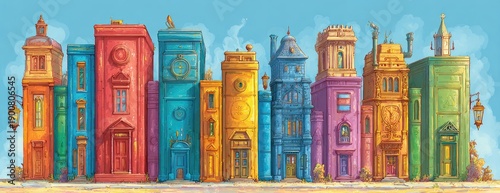 Whimsical cityscape of colorful buildings shaped like books