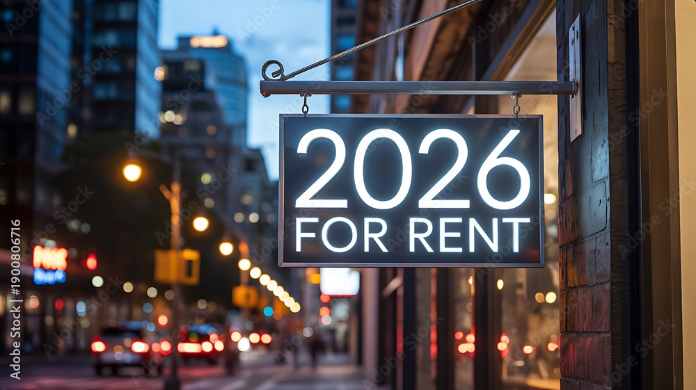 Obraz premium For rent 2026 sign glowing on city street at night 