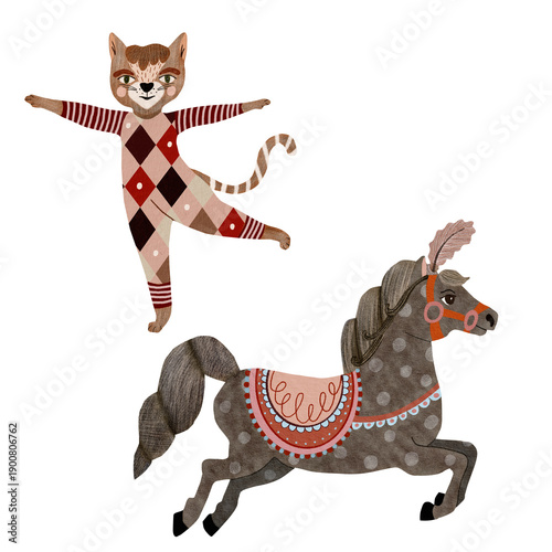 Whimsical circus illustration with a cute balancing acrobat cat in harlequin costume and decorative spotted horse. Vintage style, soft textures and warm colors perfect for nursery, kids decor