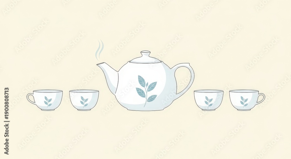 Fototapeta premium A white teapot with a delicate blue leaf design, steaming gently, surrounded by four matching teacups on a light cream background.