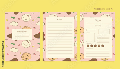 Kawaii Dog Themed Notebook and Planner Pages. Ideal for school supplies, personal organization, digital planner products, and cute stationery designs.