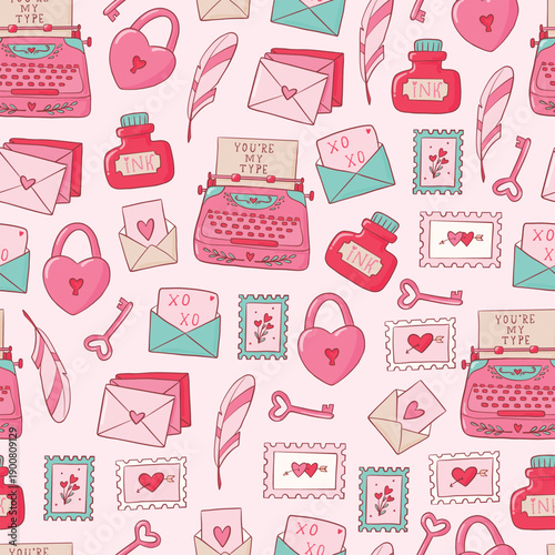 Valentine's day seamless pattern with doodles of love letters and typewriters for wallpapers, textile prints, scrapbooking, stationery, wrapping papers, backgrounds, etc. EPS 10