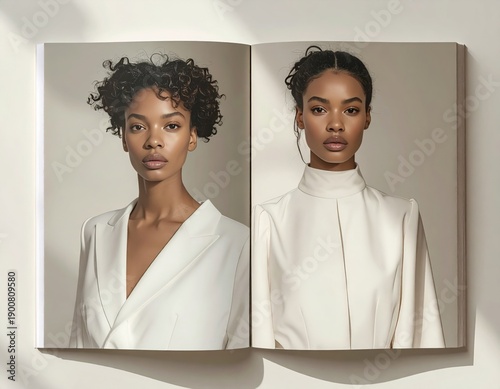 Open Book Displaying Portraits of Black Women in White Attire on White Background