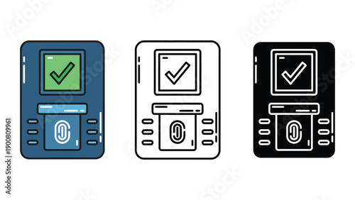A set of three payment terminal icons in different colors on a white background