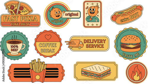 fast food label set with retro burger pizza hot dog and coffee badges for restaurant menu and delivery service