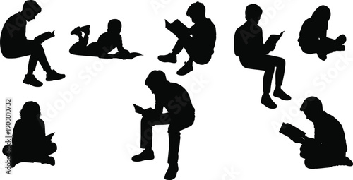 Set of children silhouettes reading books in different sitting and lying poses, representing education, learning habits, literacy, imagination, childhood development, and quiet study activities