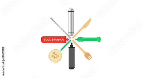 Essential Zero Waste Lifestyle Kit Vector Illustration. Reusable Cutlery, Solid Shampoo, and Eco-Friendly Travel Items.