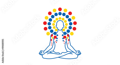 Wellness Energy Flow Icon: Person Meditating in Lotus Pose with Abstract Colorful Chakra Aura Illustration