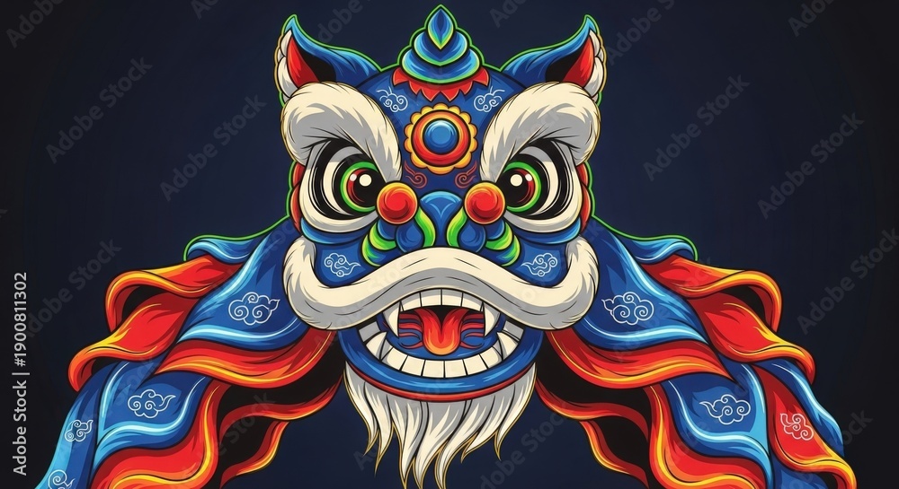 Naklejka premium A vibrant and intricately detailed illustration of a traditional Chinese lion dance costume head and body, featuring bold colors and ornate patterns.