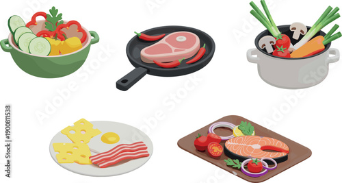 Fresh food and healthy cooking set with salad bowl raw meat steak salmon fillet and vegetables for recipe and menu design vector