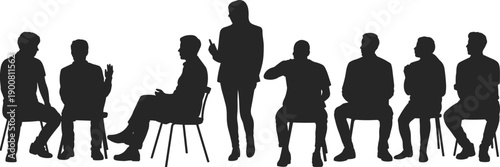 Silhouette of people sitting and standing in group discussion, business meeting or therapy session concept, communication, teamwork, leadership, and audience interaction isolated on white background