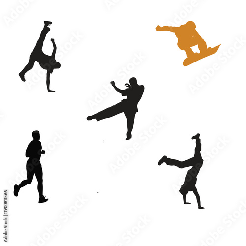 Action sports silhouettes with snowboarding and breakdancing moves for dynamic marketing