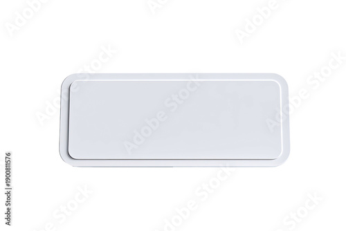 A white rectangular nametag with rounded corners and a slight shadow on a black backdrop
