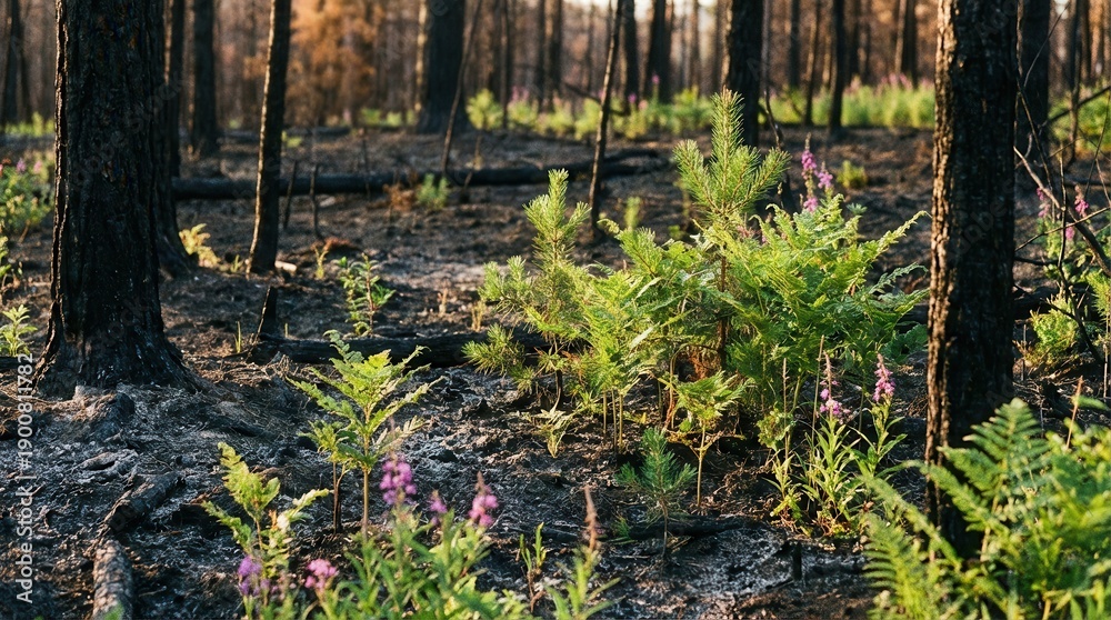 Fototapeta premium Green ferns and pine saplings growing on dark charred ground in a burnt forest. Evoking natures powerful cycle of renewal and resilience.