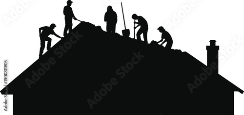Silhouette of roofing workers installing and repairing residential house roof, construction labor team on rooftop, home renovation, teamwork, safety, and building industry concept