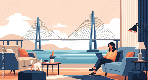 Woman working on laptop with dog and bridge view from a cozy room