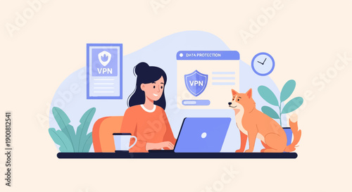 Woman working on laptop with dog and data protection graphic