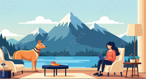 Woman working on laptop with dog by a mountain lake inside a cozy home