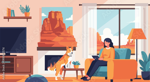 Woman working on tablet with dog in a cozy room with desert view