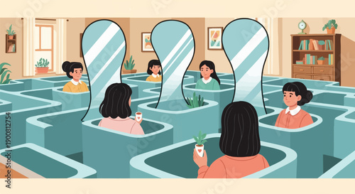Women in a maze of mirrors contemplating, holding plants and drinks