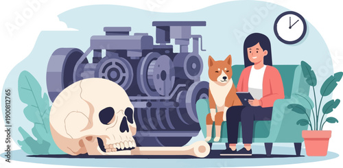 Woman, dog, and skull next to a mechanical engine in a room
