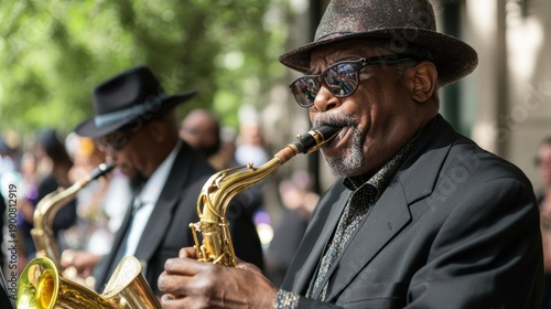 Jazz musicians performing in New Orleans. In the background are historical buildings. Jazz festival, bright cheerful Mardi Gras festival