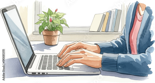 Watercolor of hands typing on laptop next to potted plant and books