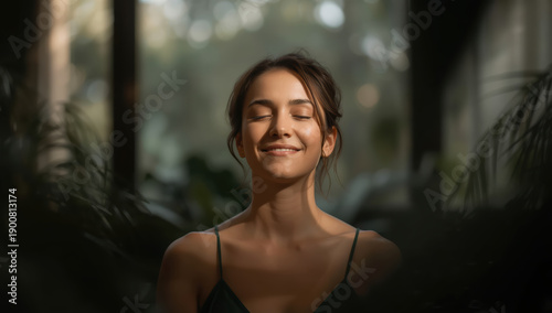 Wallpaper Mural Calm woman meditating in sunlit room with plants, peaceful relaxed expression Torontodigital.ca