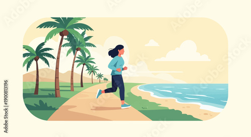 Woman running on a scenic path by the ocean with palm trees