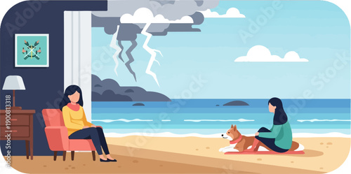 Woman and dog on a beach while a storm brews inland