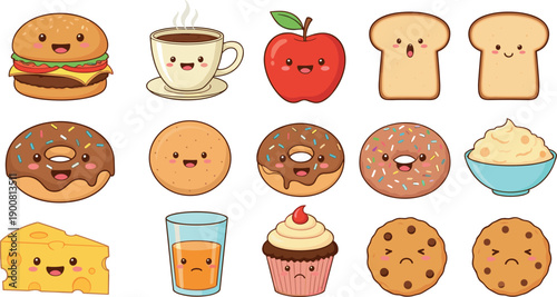 Set of cute kawaii food characters with different facial expressions