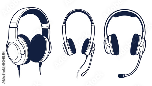 A set of three different headphone designs with microphones and cords