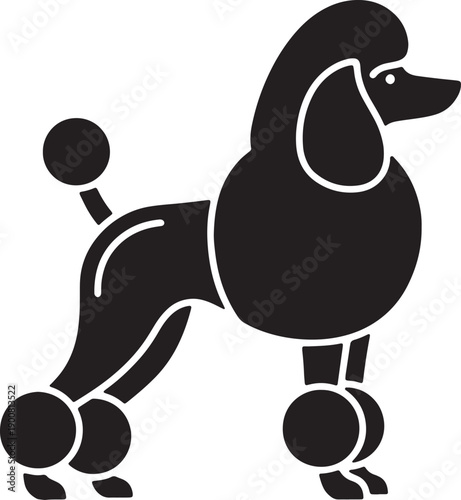 Stylized black poodle silhouette with classic show cut standing elegantly on white background for high end pet boutique marketing canine grooming salon identity and professional animal competitions