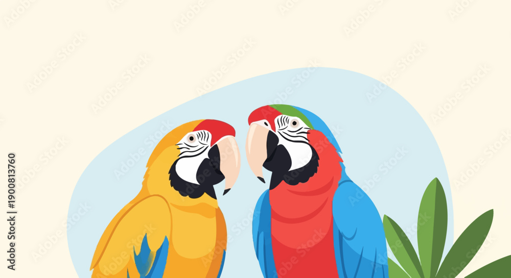 Obraz premium Two vibrantly colored macaws, a yellow and blue, and a red and blue, face each other