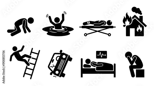 Loss Aversion Insurance Stickman Pictogram Set � Mortality Risk, Accident And Irreversible Loss Symbols On White Background