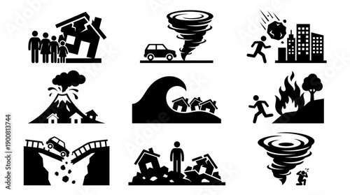 Natural Disaster Risk Stickman Pictogram Set � Extreme Loss, Survival Threat And Emergency Icons On White Background