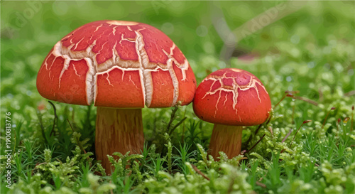 Two vibrant red mushrooms with white cracked patterns on their caps grow amidst green moss