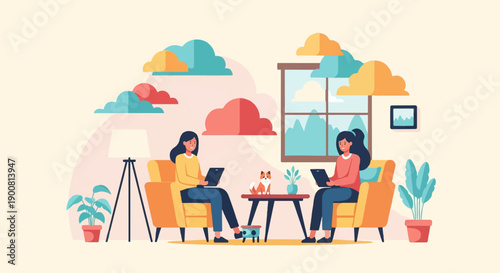 Two women and a dog in a living room with a window view