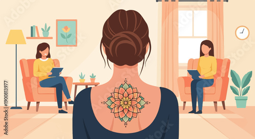 Two women in armchairs in a room, one with a large tattoo on her back