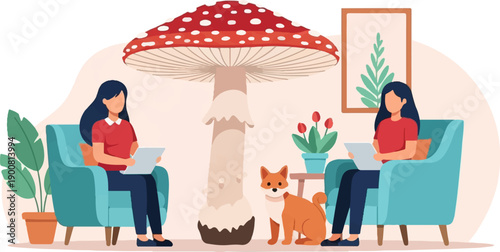 Two women and a dog in a surreal room with a giant mushroom