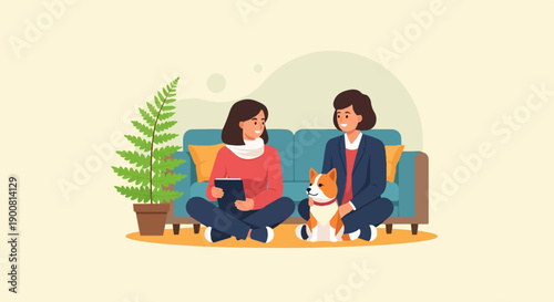 Two women and a dog relax on the floor next to a couch