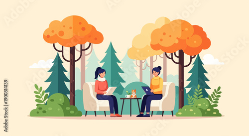 Two women and a dog relaxing on chairs in an autumn forest