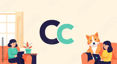 Two women and a dog relaxing on sofas with laptops