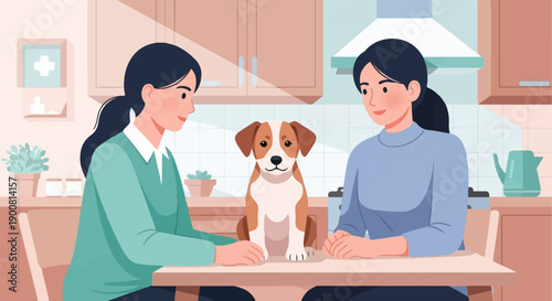 Two women and a dog sit at a kitchen table, with cabinets and a stovetop behind them