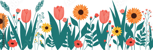 Spring meadow flower border with orange sunflowers red tulips and green leaves flat vector illustration isolated on white background cad drawing