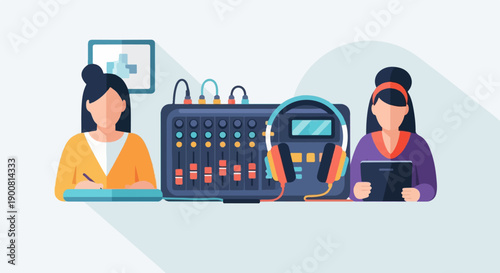 Two women and a sound mixing console