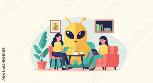 Two women and an alien sit in a living room with a laptop and books